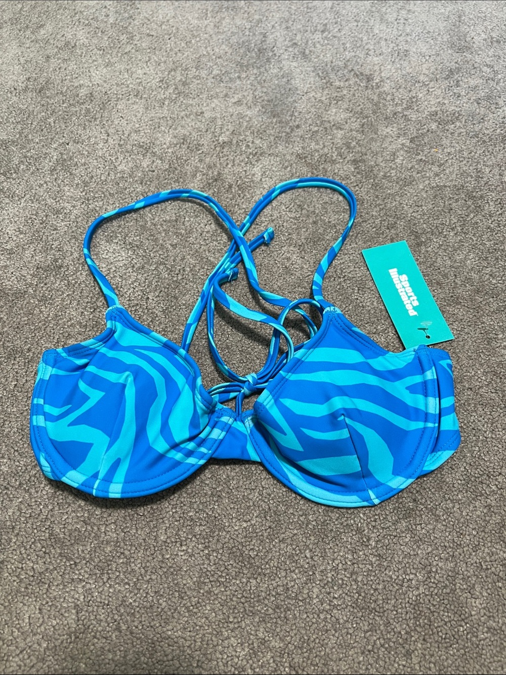 NWT Sports Illustrated Bikini Top Blue Zebra Print Underwire X Back size small